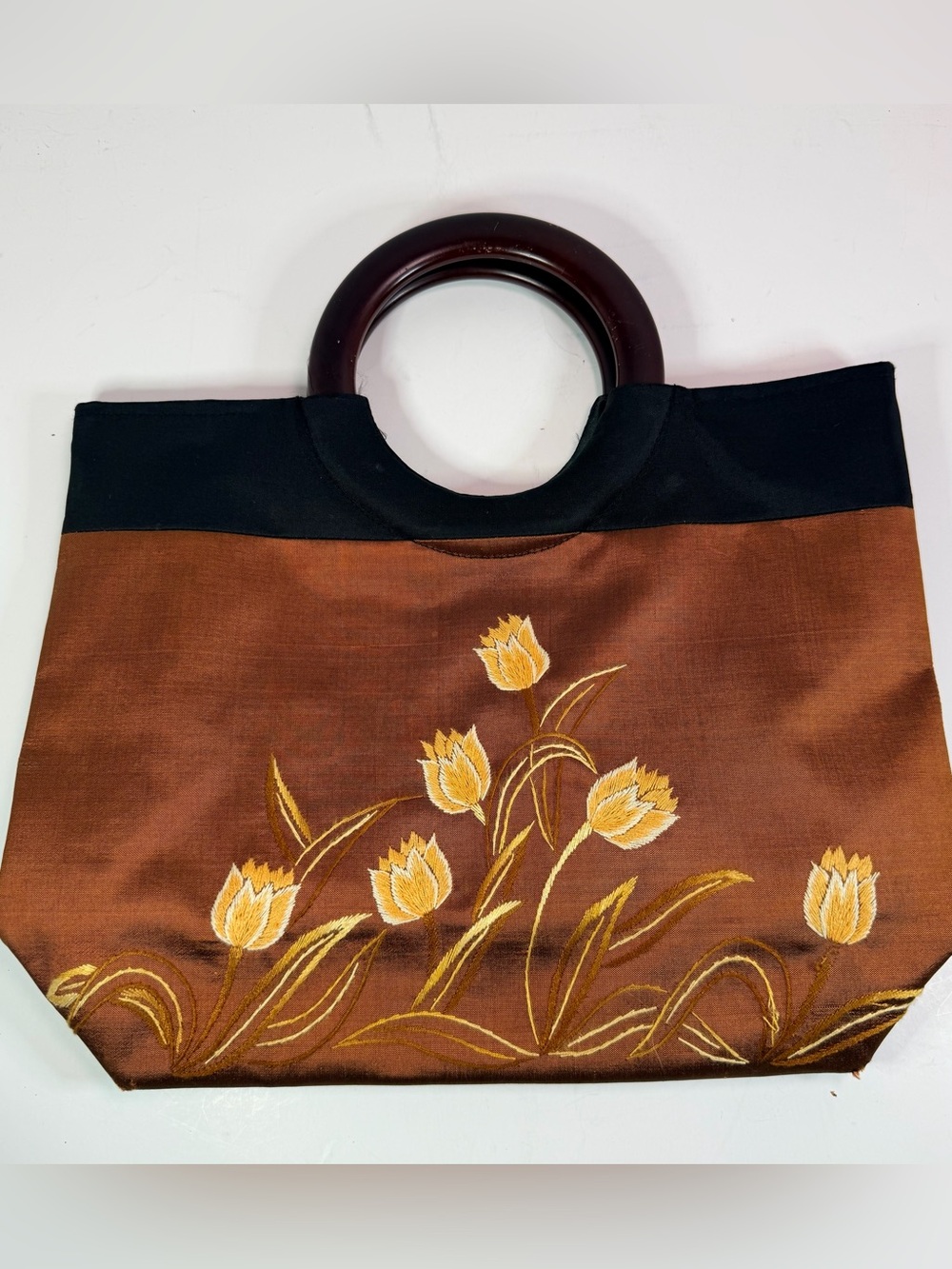 Brown Tulip Embroidered Tote with Dark Round Handles